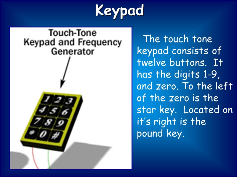 Keypad   The touch tone keypad consists of twelve buttons.  It has
